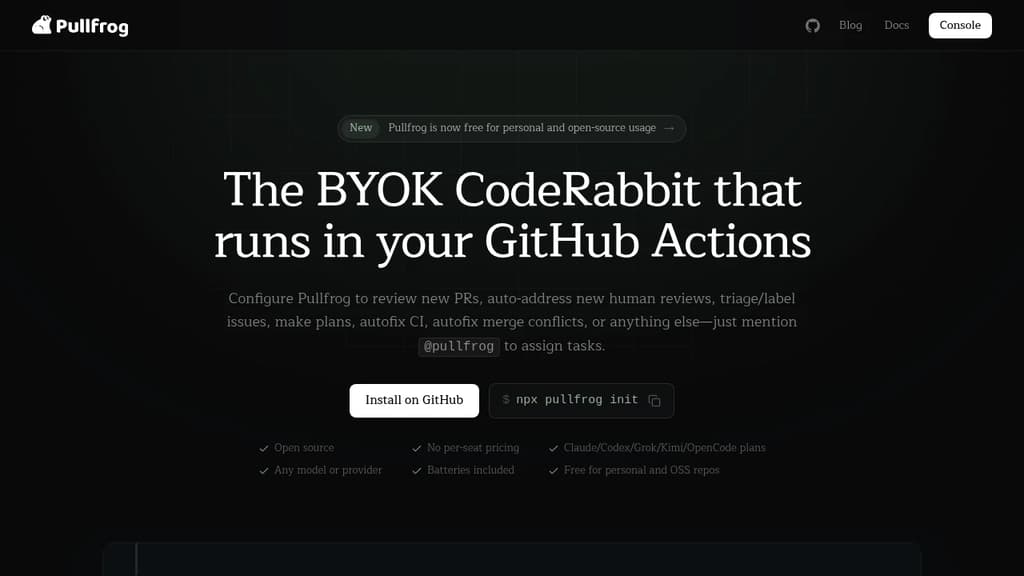 Screenshot of Pullfrog website