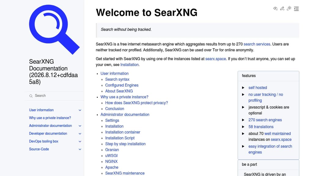 Screenshot of SearXNG website