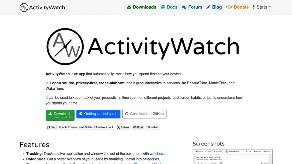 Screenshot of ActivityWatch website