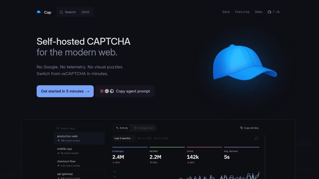Screenshot of Cap website