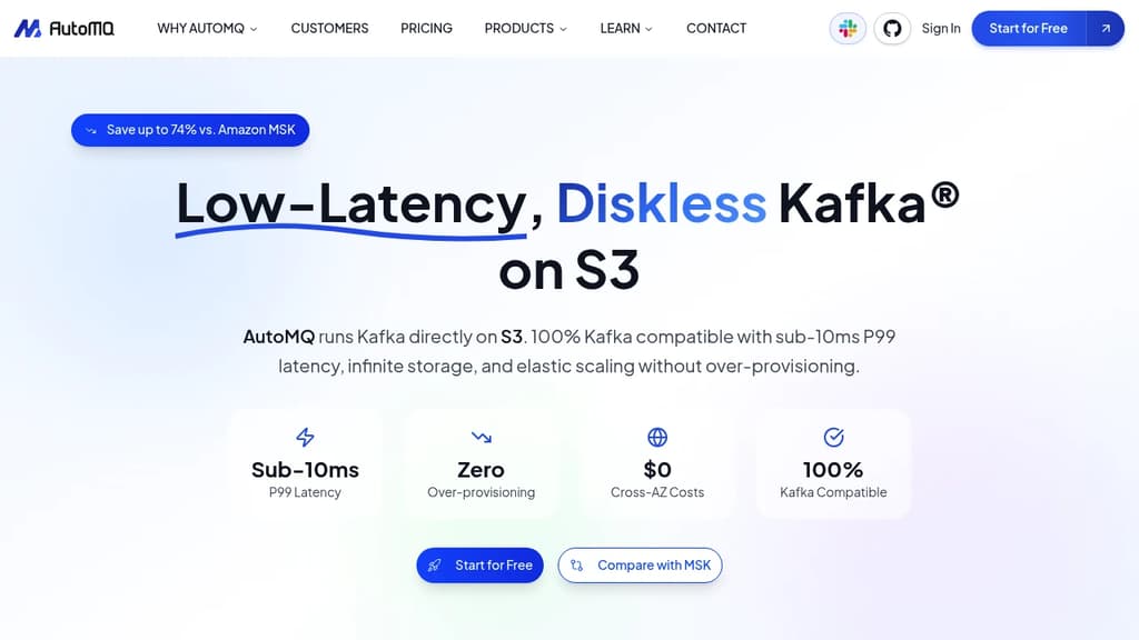 Screenshot of AutoMQ website