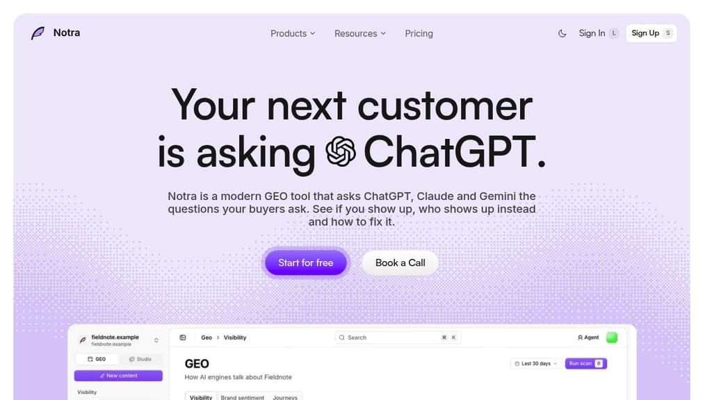 Screenshot of Notra website