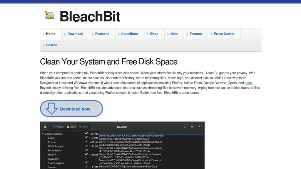 Screenshot of BleachBit website
