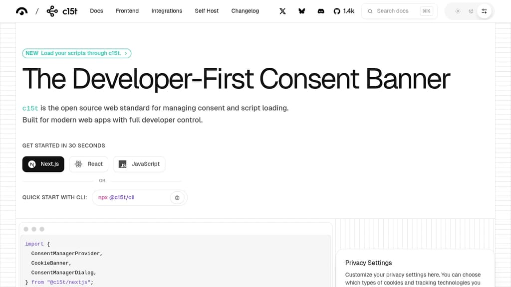 Screenshot of c15t website