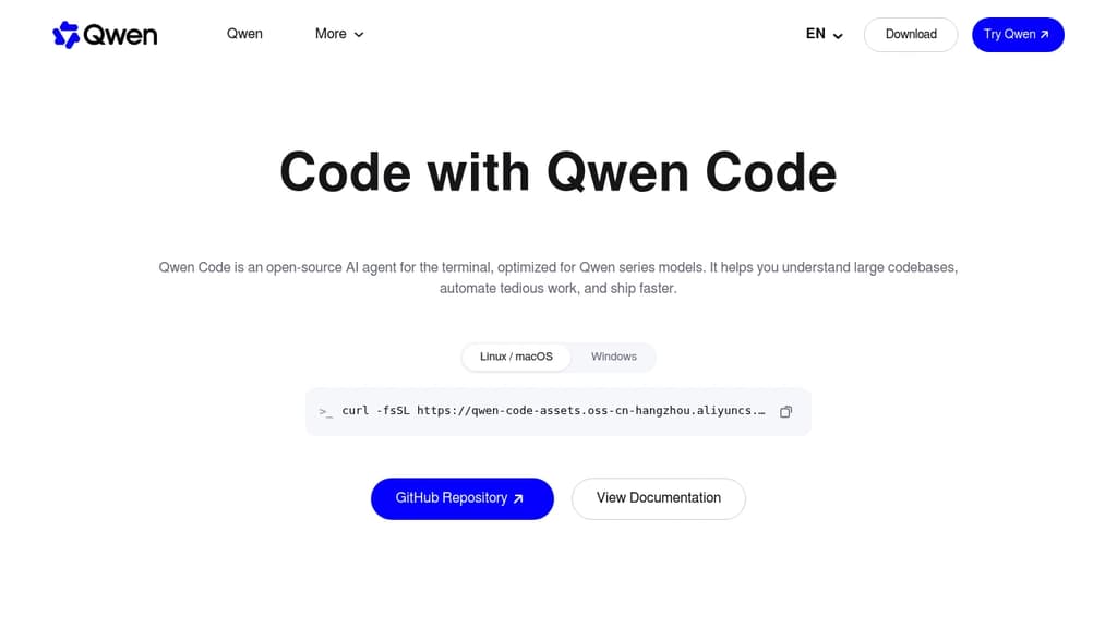 Screenshot of Qwen Code website