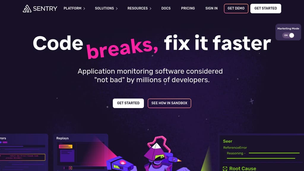 Screenshot of Sentry website