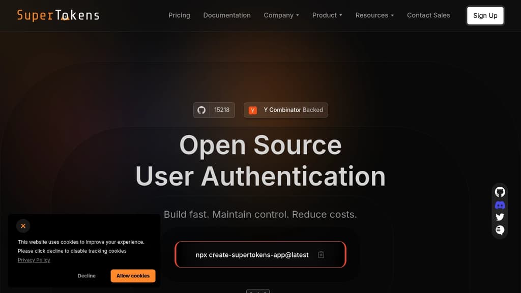 Screenshot of SuperTokens website
