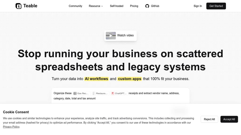 Screenshot of Teable website