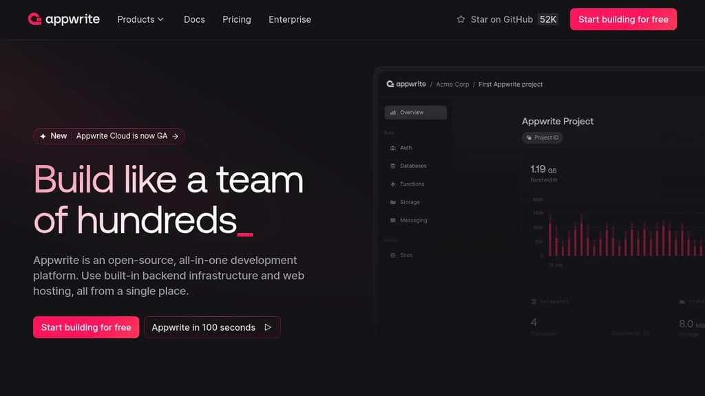 Screenshot of Appwrite website