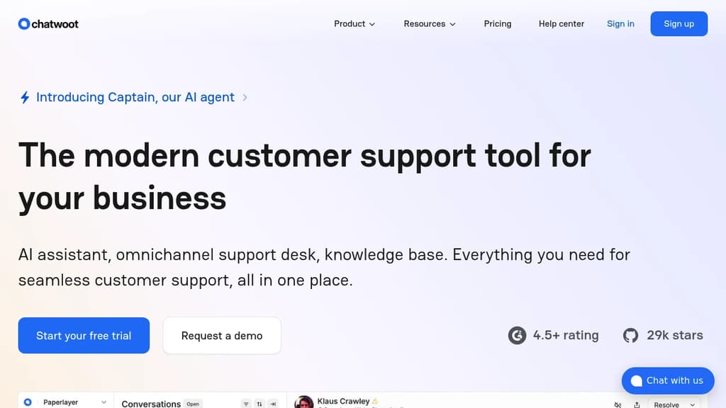 Screenshot of Chatwoot website