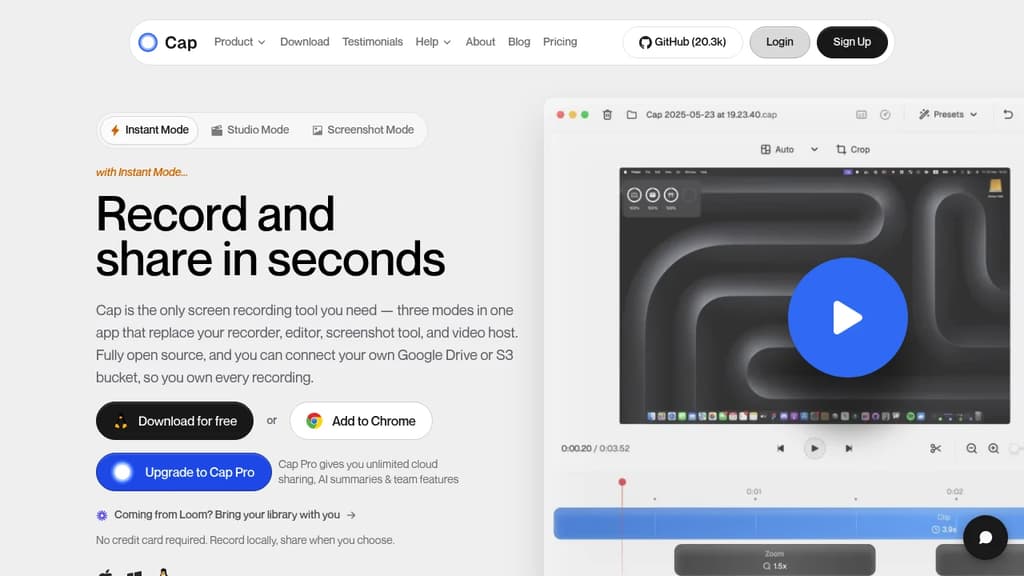 Screenshot of Cap website