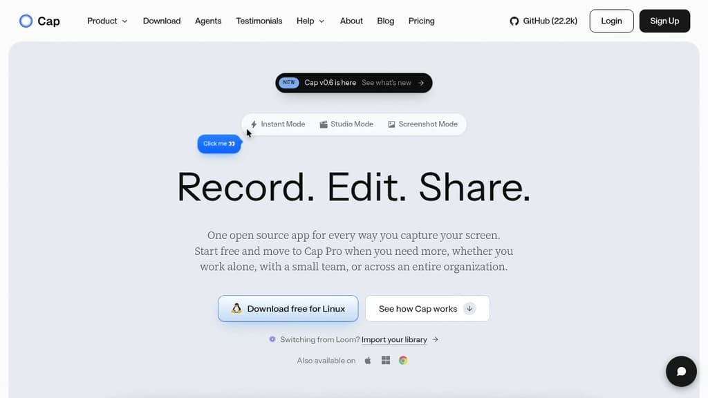 Screenshot of Cap website