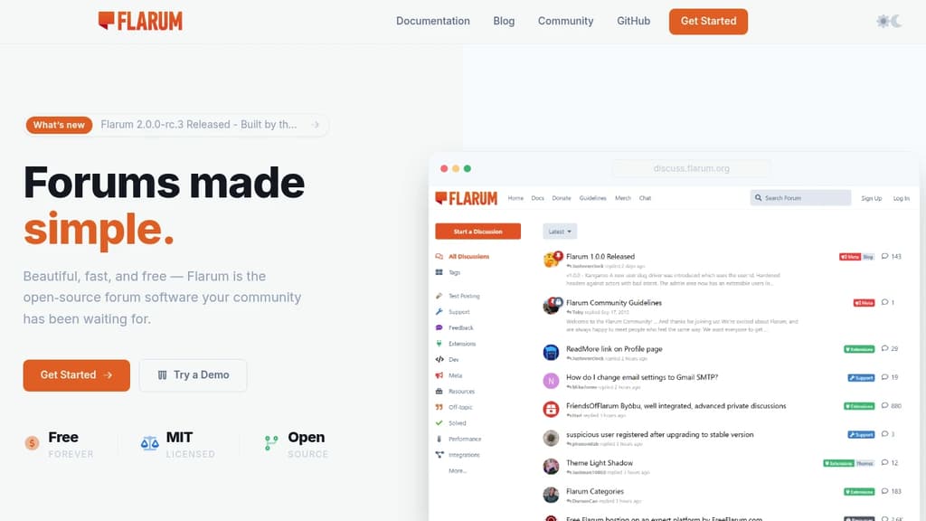 Screenshot of Flarum website
