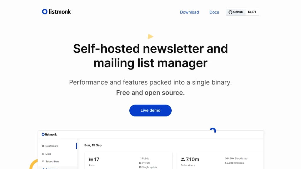 Screenshot of Listmonk website