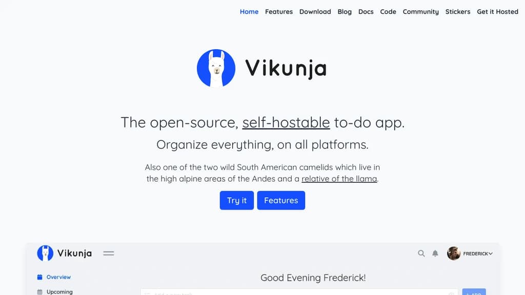 Screenshot of Vikunja website