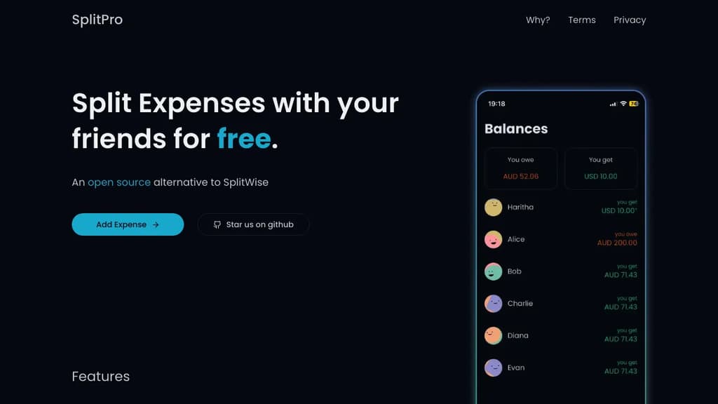 Screenshot of Splitpro website