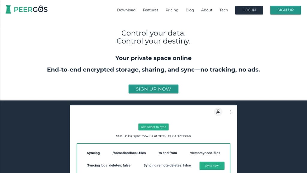 Screenshot of Peergos website