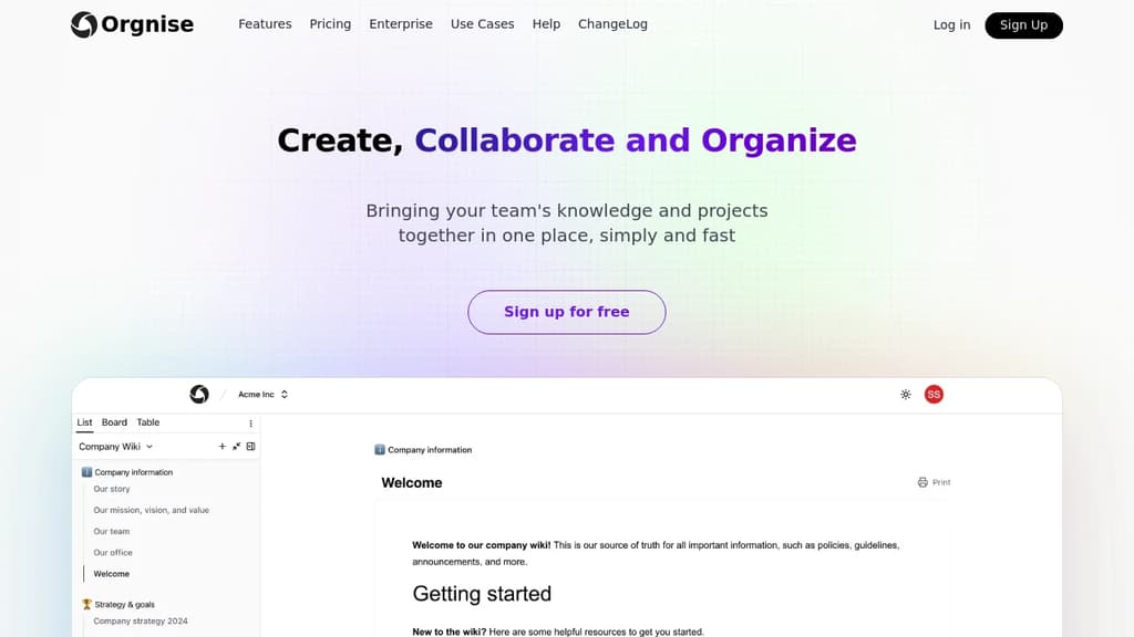 Screenshot of Orgnise website