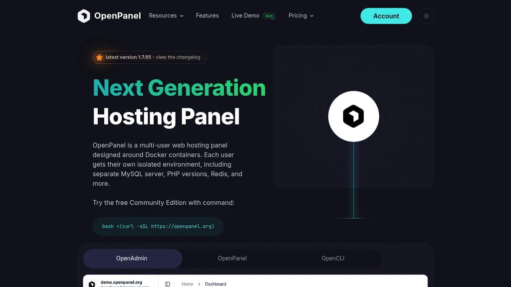 Screenshot of OpenPanel website