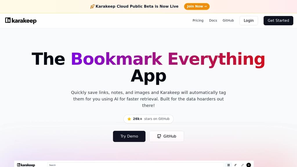 Screenshot of Karakeep website