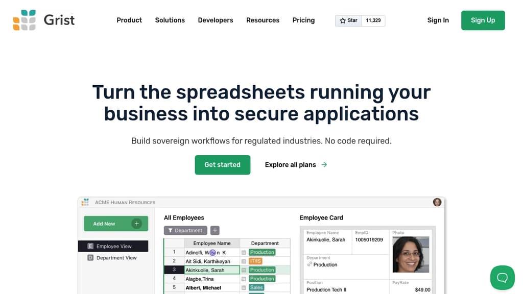 Screenshot of Grist website