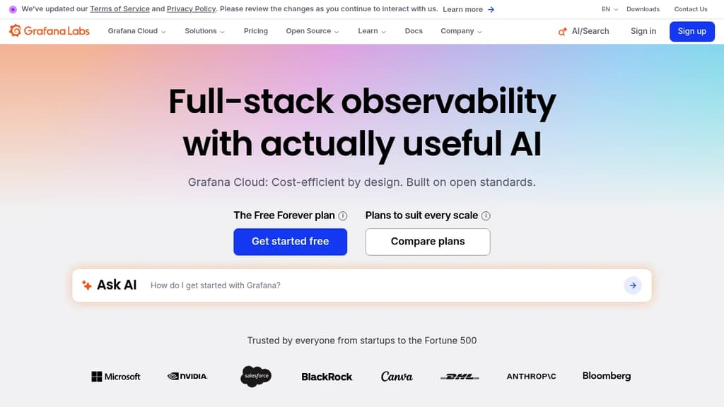 Screenshot of Grafana website