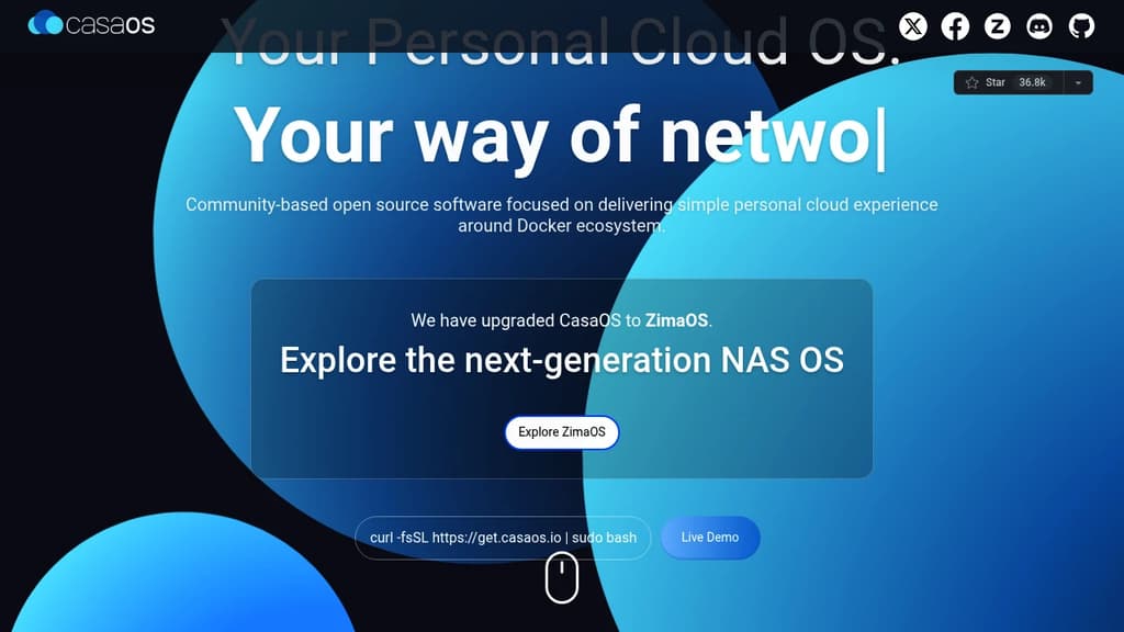 Screenshot of CasaOS website