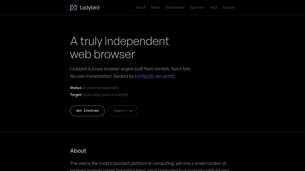 Screenshot of Ladybird website