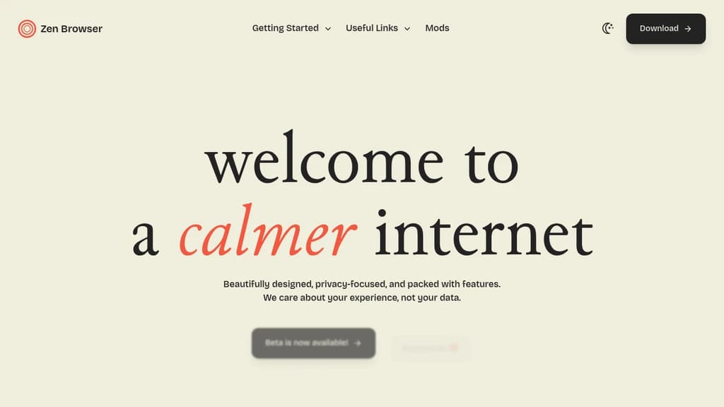 Screenshot of Zen Browser website