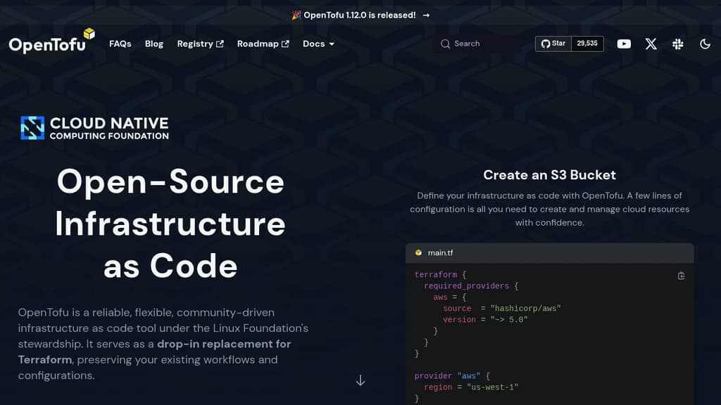 Screenshot of OpenTofu website