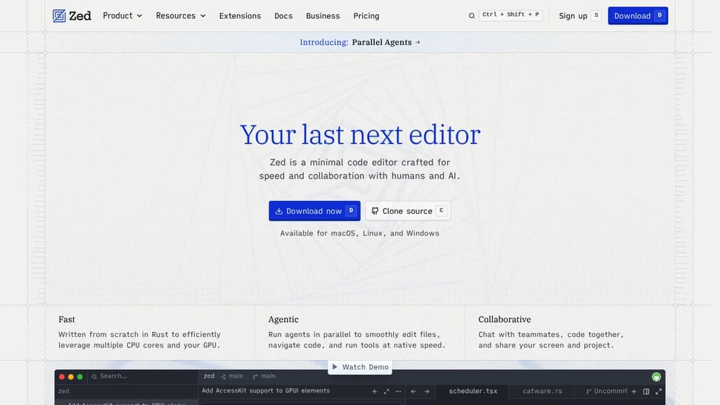 Screenshot of Zed website
