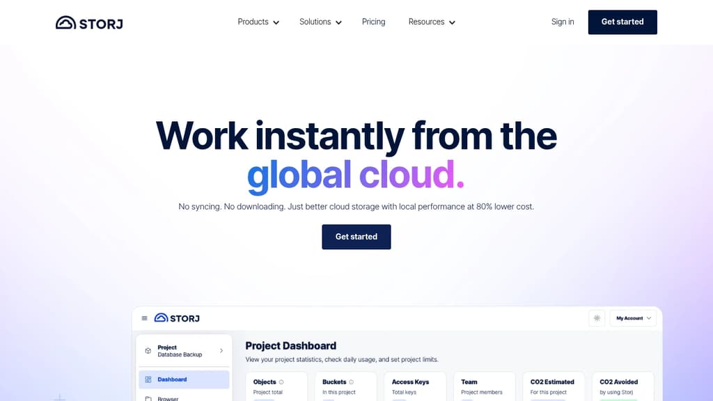 Screenshot of Storj website