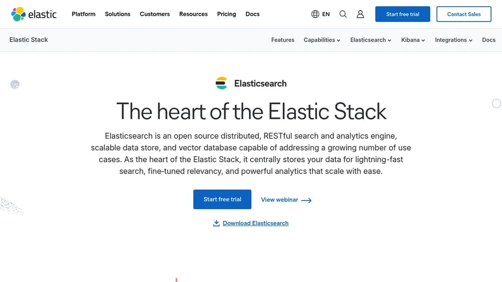 Screenshot of Elasticsearch website