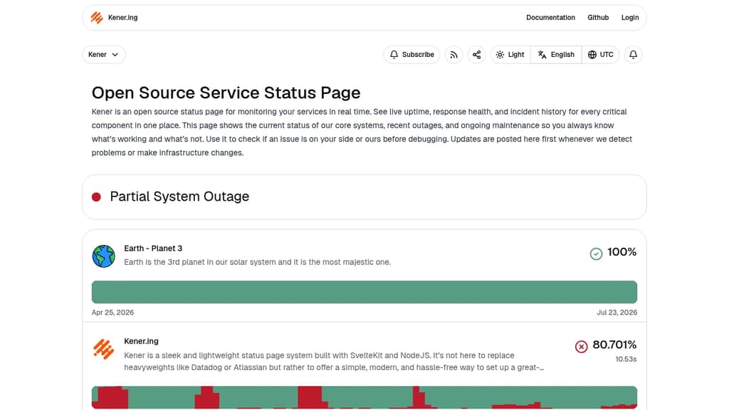 Screenshot of Kener website