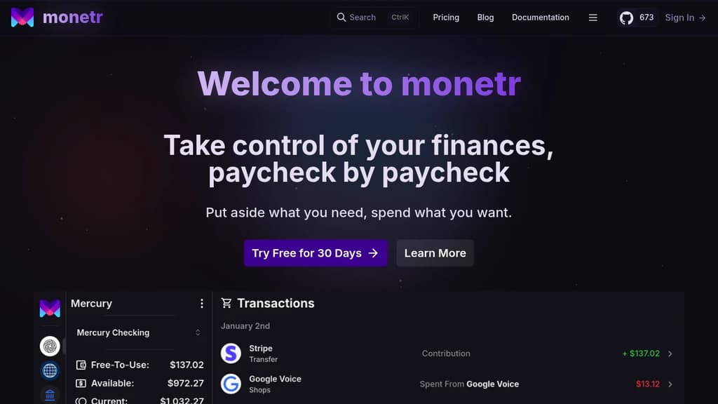 Screenshot of Monetr website