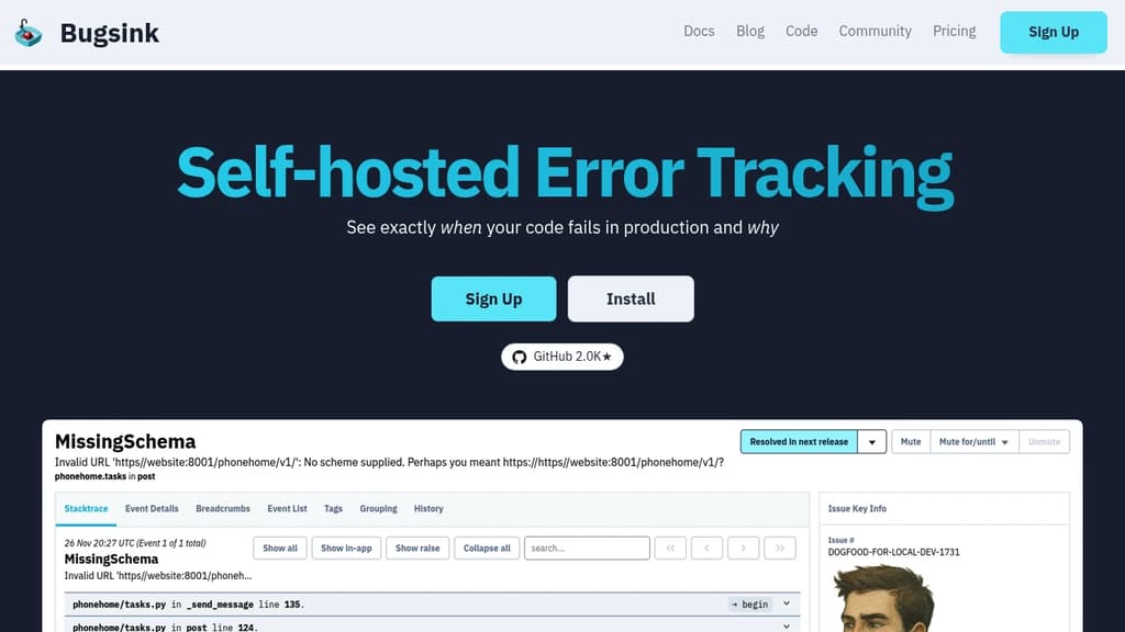 Screenshot of Bugsink website