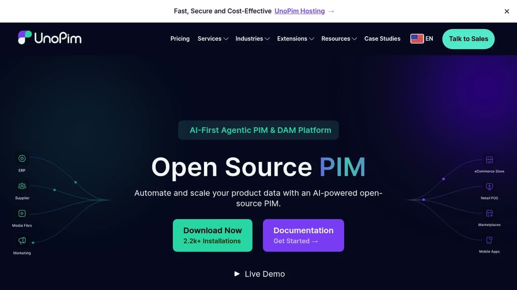 Screenshot of UnoPim website