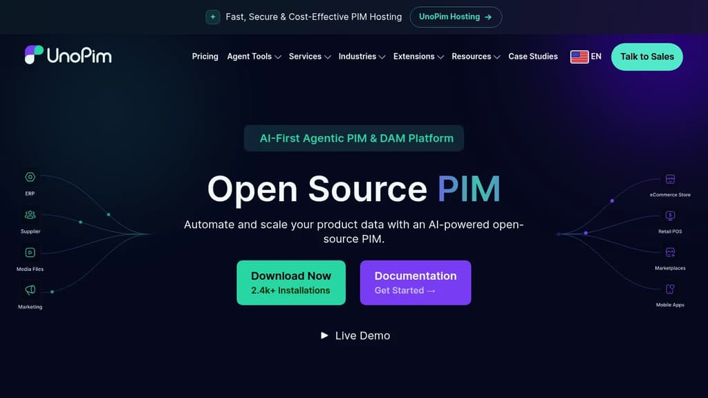 Screenshot of UnoPim website