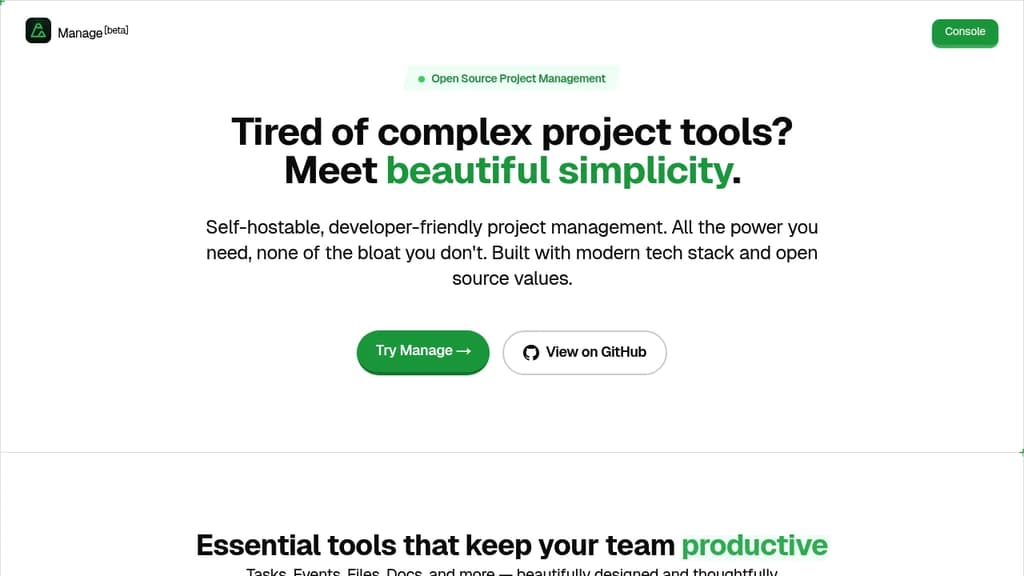 Screenshot of Manage website