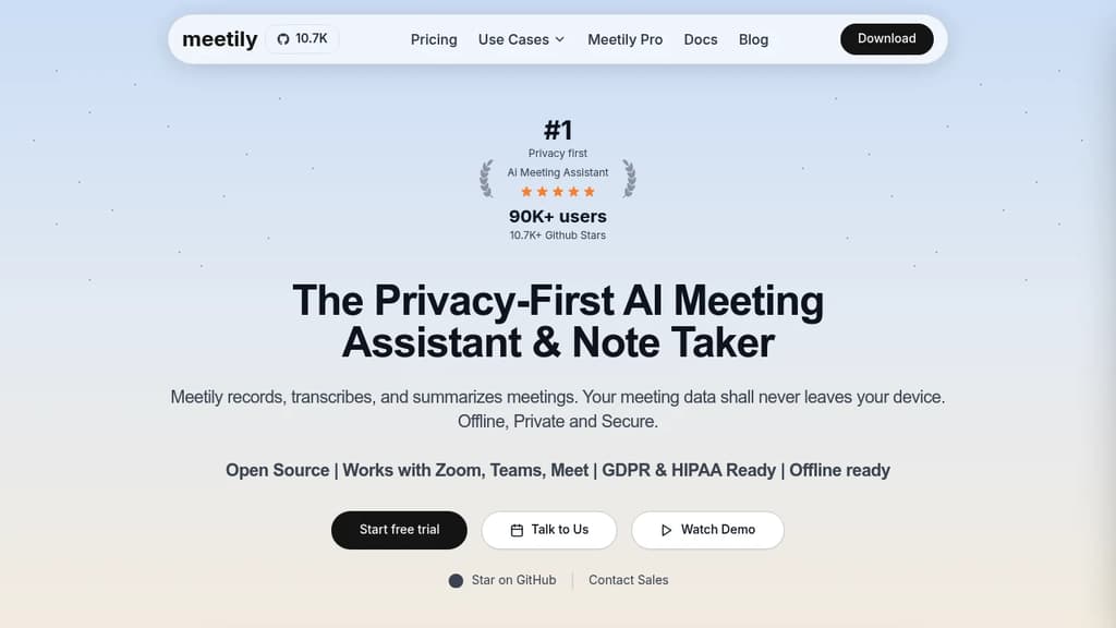 Screenshot of Meetily website