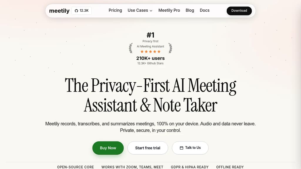 Screenshot of Meetily website