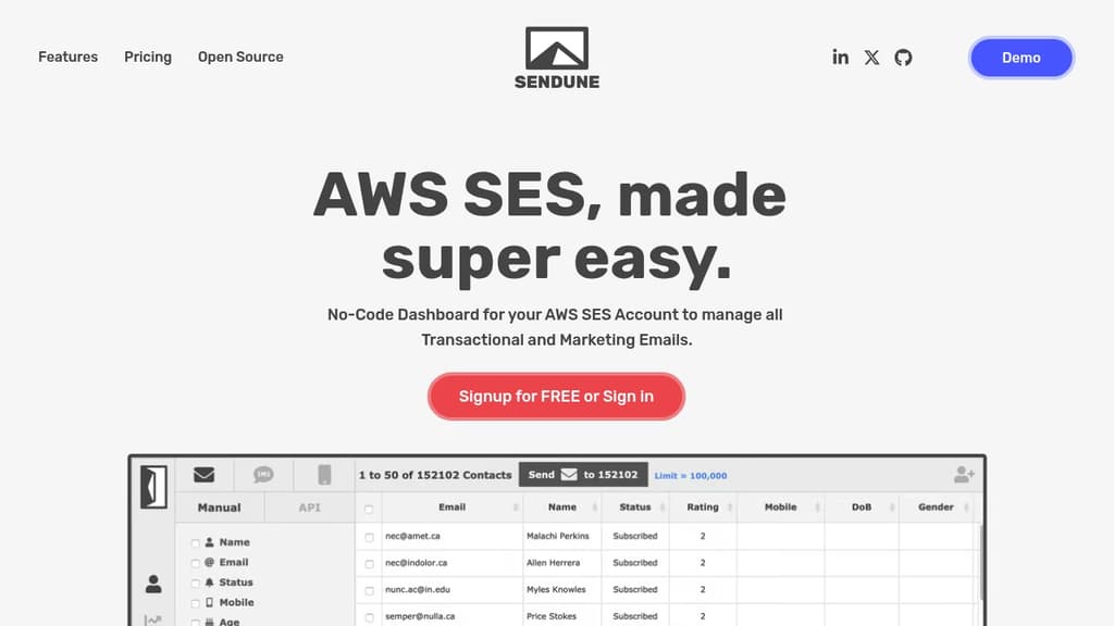 Screenshot of Sendune website