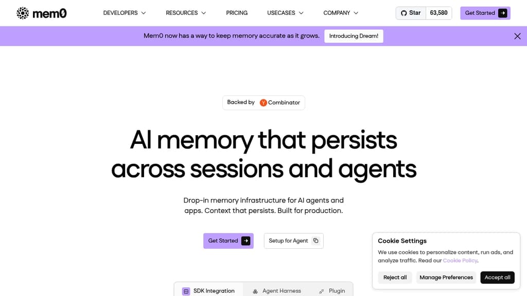 Screenshot of Mem0 website
