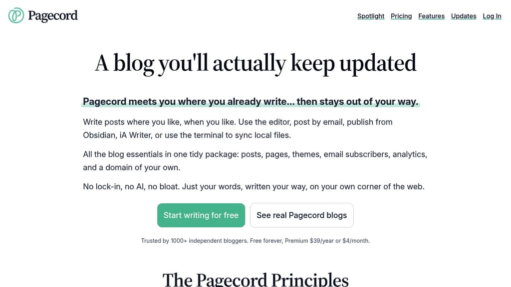 Screenshot of Pagecord website