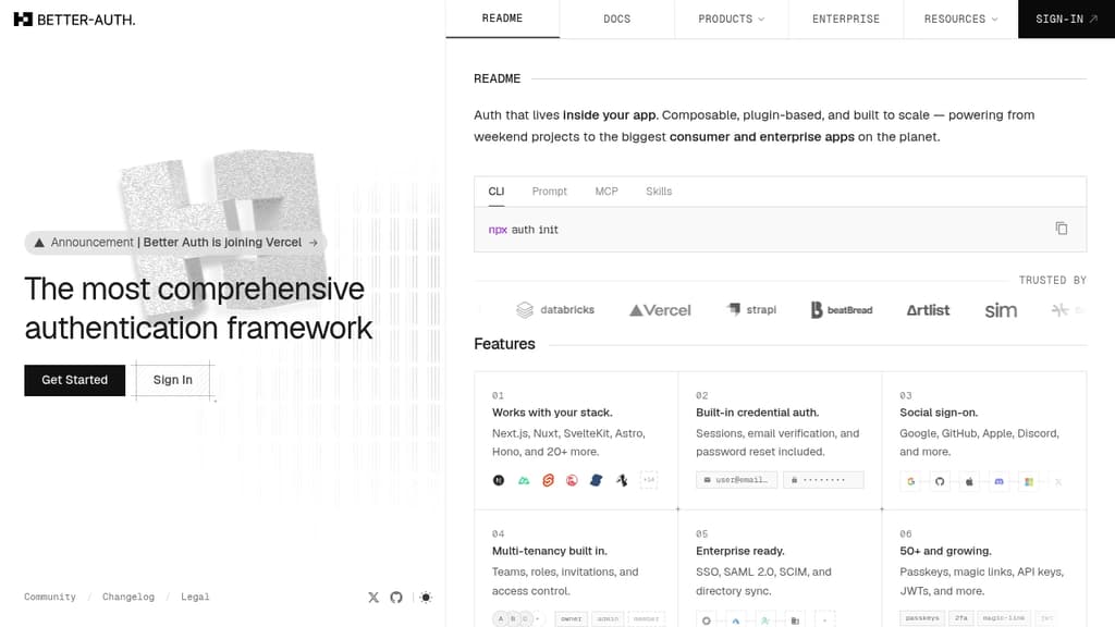 Screenshot of Better Auth website