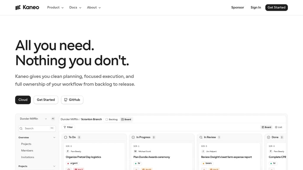 Screenshot of Kaneo website