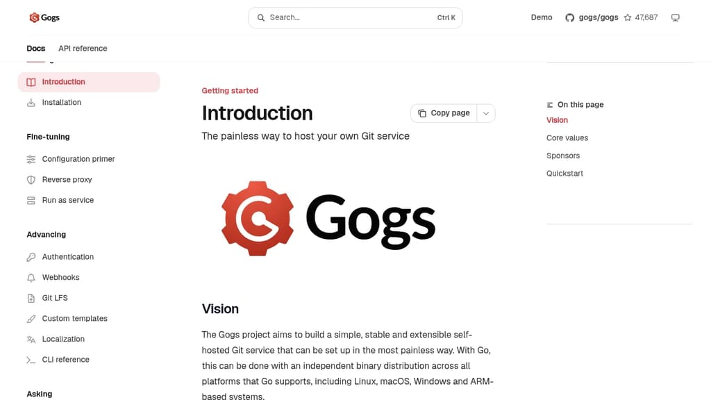 Screenshot of Gogs website