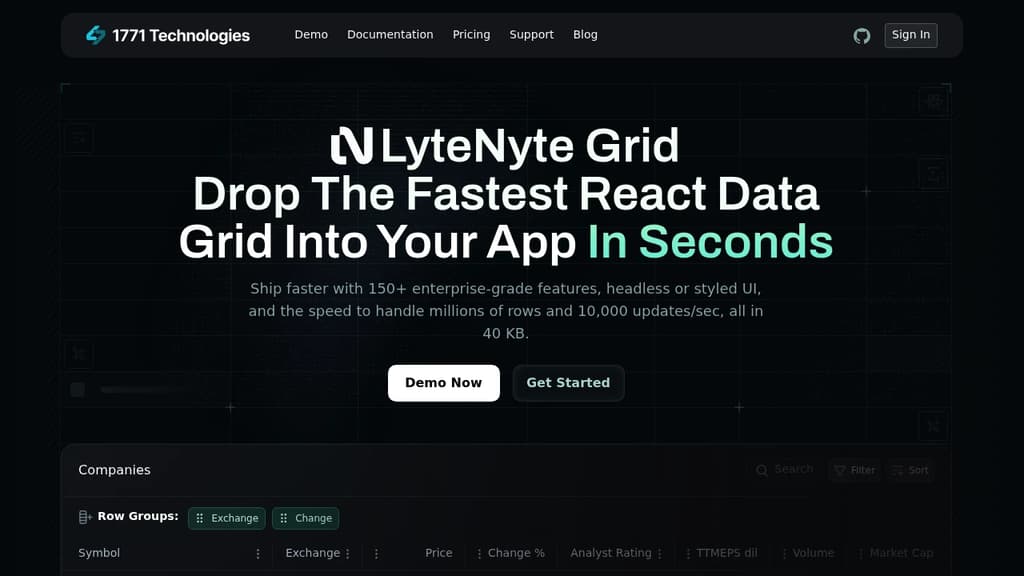 Screenshot of LyteNyte Grid website