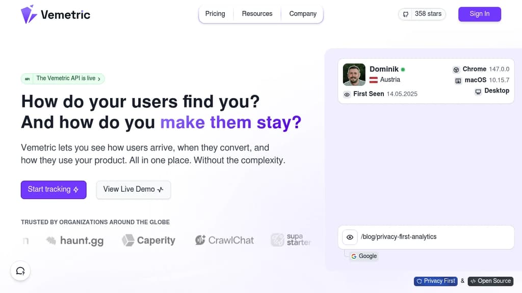 Screenshot of Vemetric website