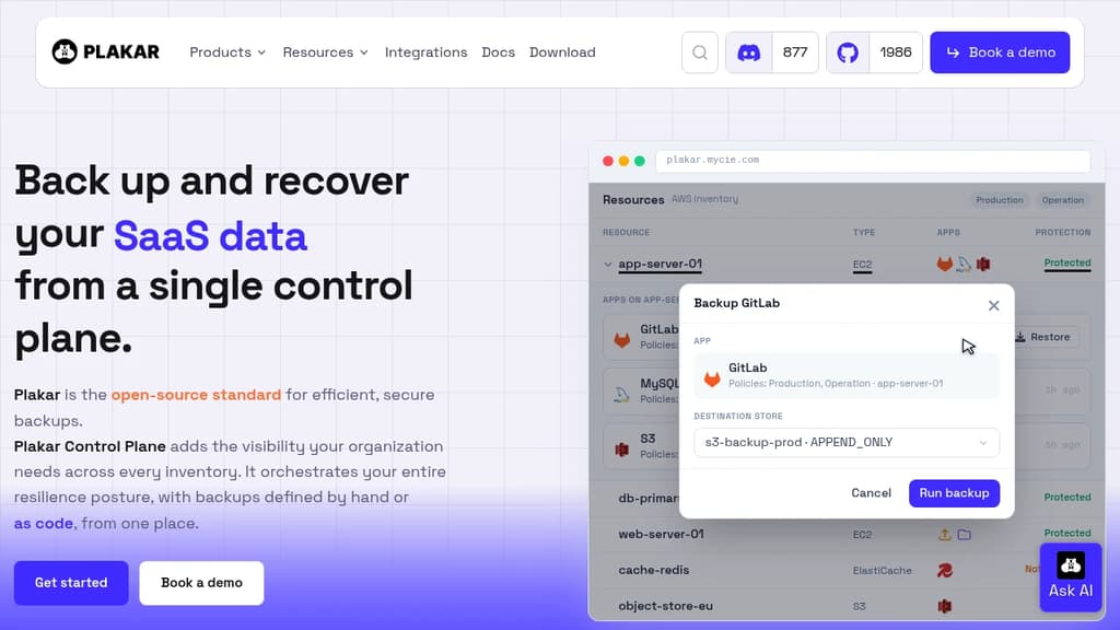 Screenshot of Plakar website